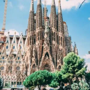Iconic view of Sagrada Familia in Barcelona with clear blue skies, showcasing Gothic architecture.